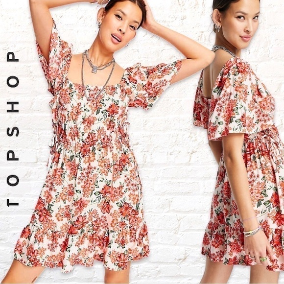 TOP Shop  Channel Mini Dress in Cream and Red Floral Size 12 - Picture 1 of 11